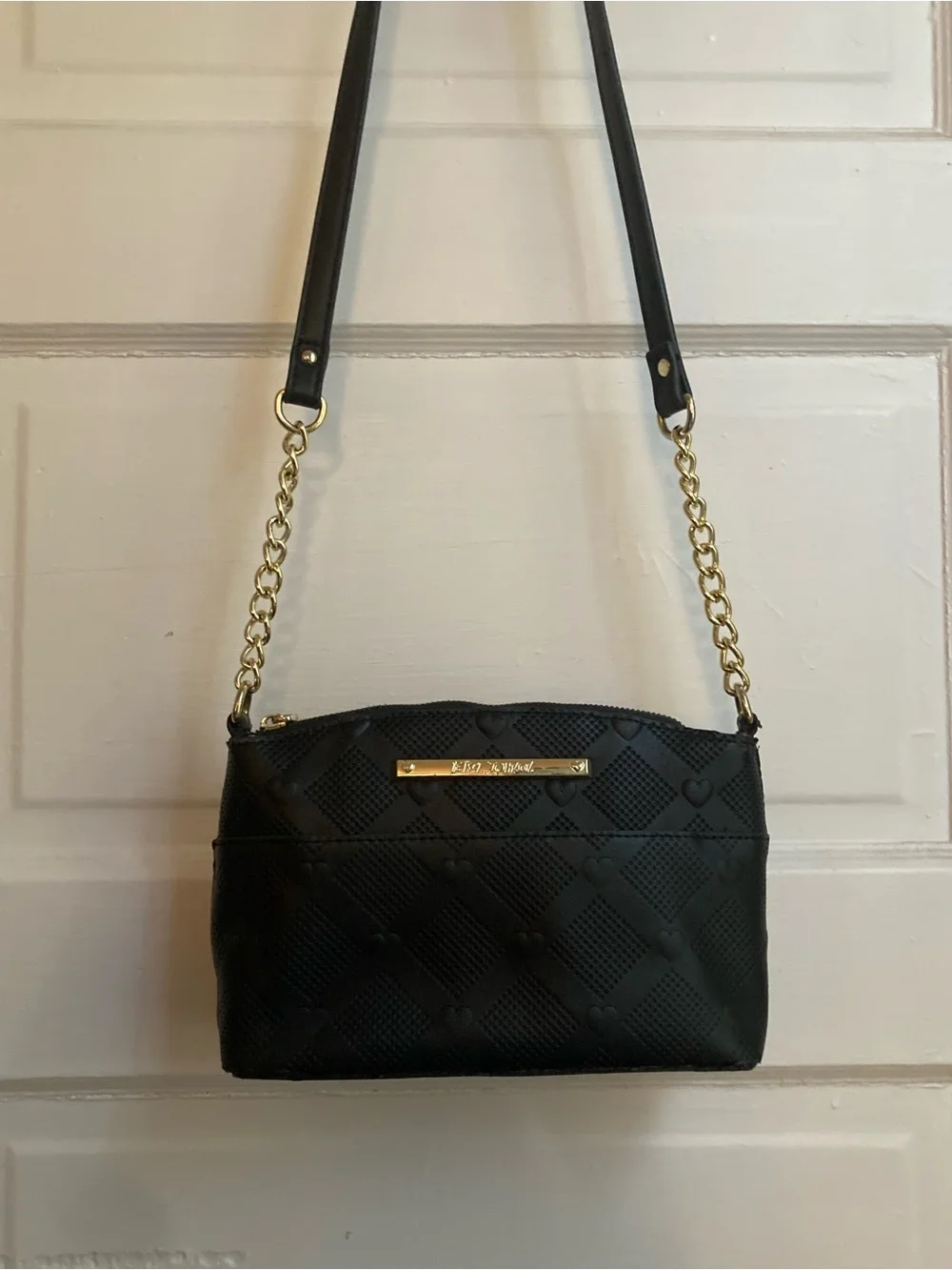 Betsey Johnson Black Heart Embossed Crossbody Bag with Gold Chain